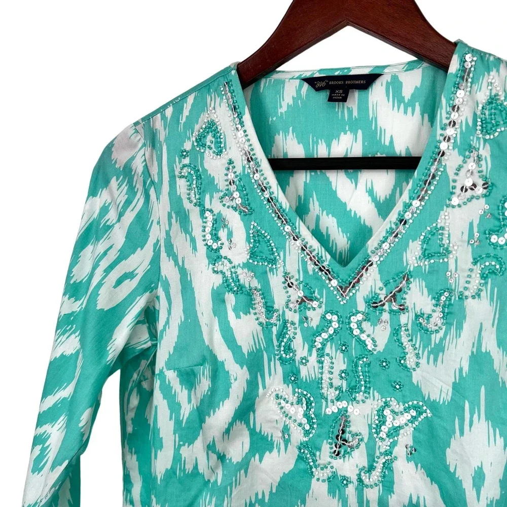Brooks Brothers 346 Womens Sz XS Teal Green Beaded Tropical Blouse Shirt Top - Picture 3 of 10